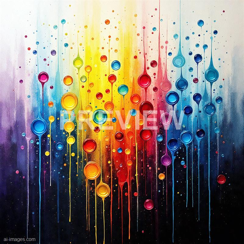 The image features an abstract artwork with numerous colorful droplets and circles of varying sizes arranged vertically across the canvas. The background transitions from dark at the bottom to bright at the top, with a vivid spectrum of colors including purple, blue, green, yellow, orange, and red blending seamlessly into each other. The droplets appear to be dripping or falling, creating a dynamic and lively visual effect.